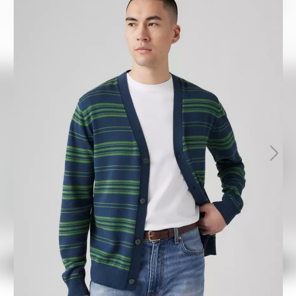 Men's Blue and Green Striped Levis Dune Cardigan Sweater Sz M